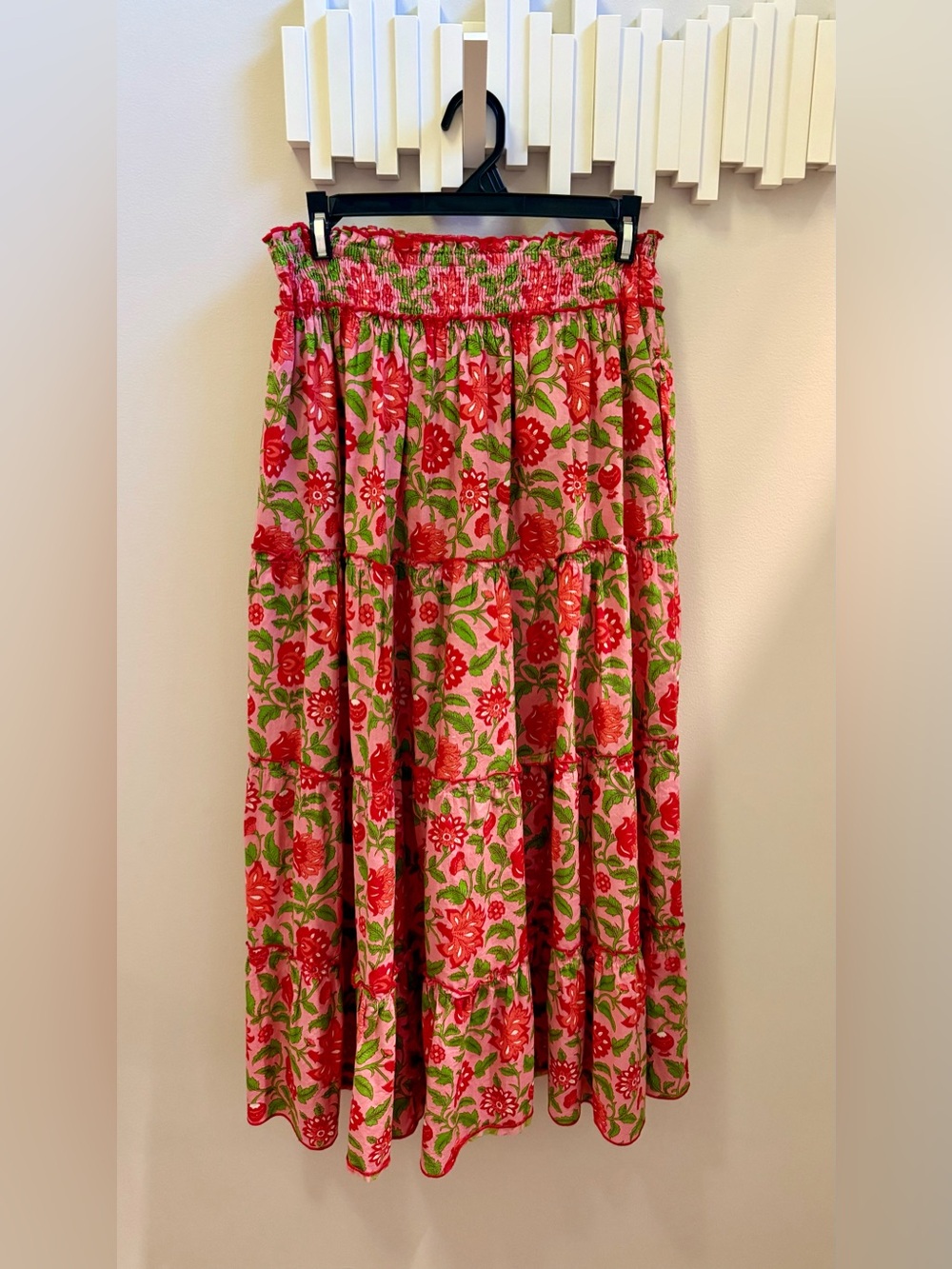 Smocked Waist Floral Maxi Skirt - Pink & Red
